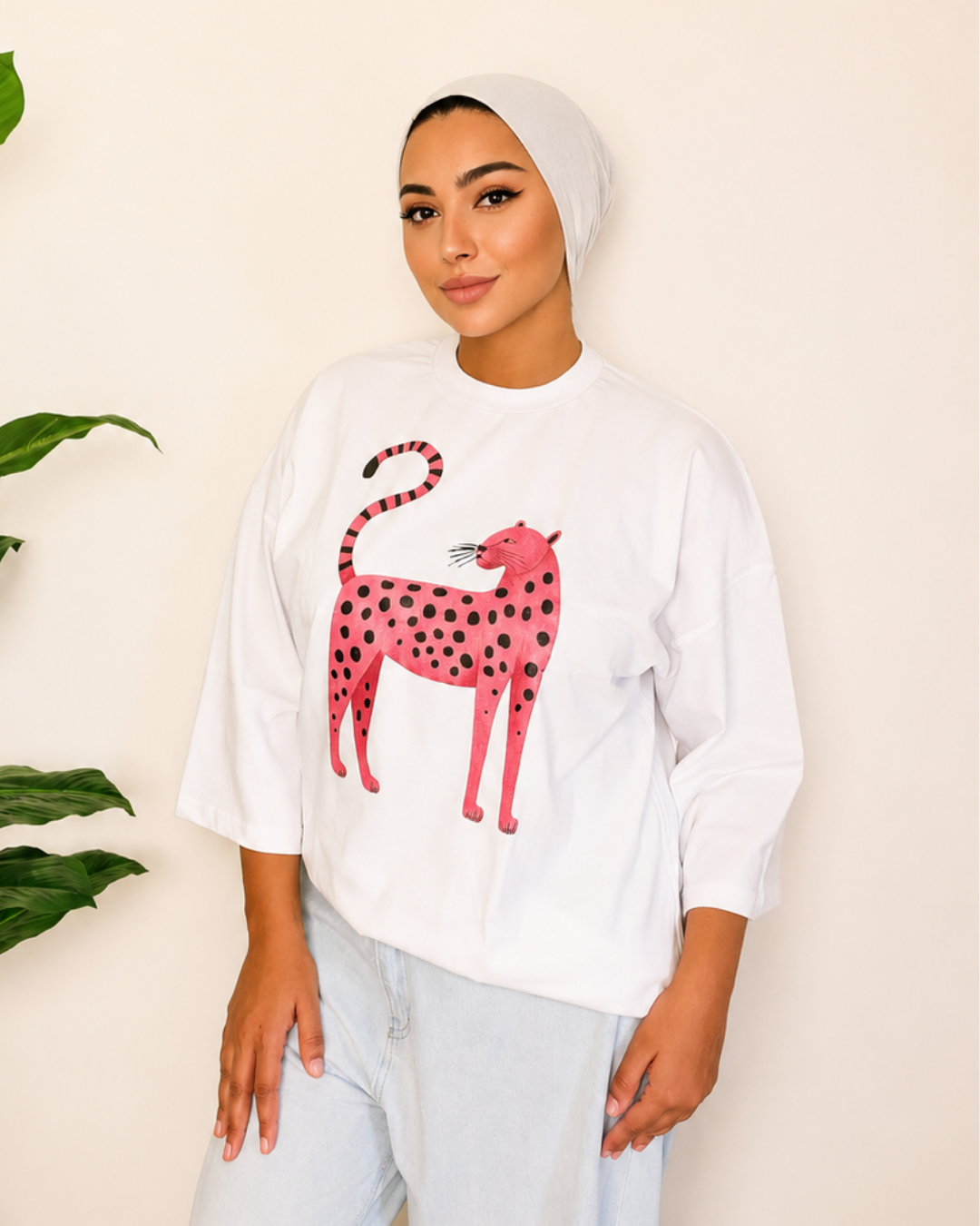 White T-Shirt - Pink Leopard Print