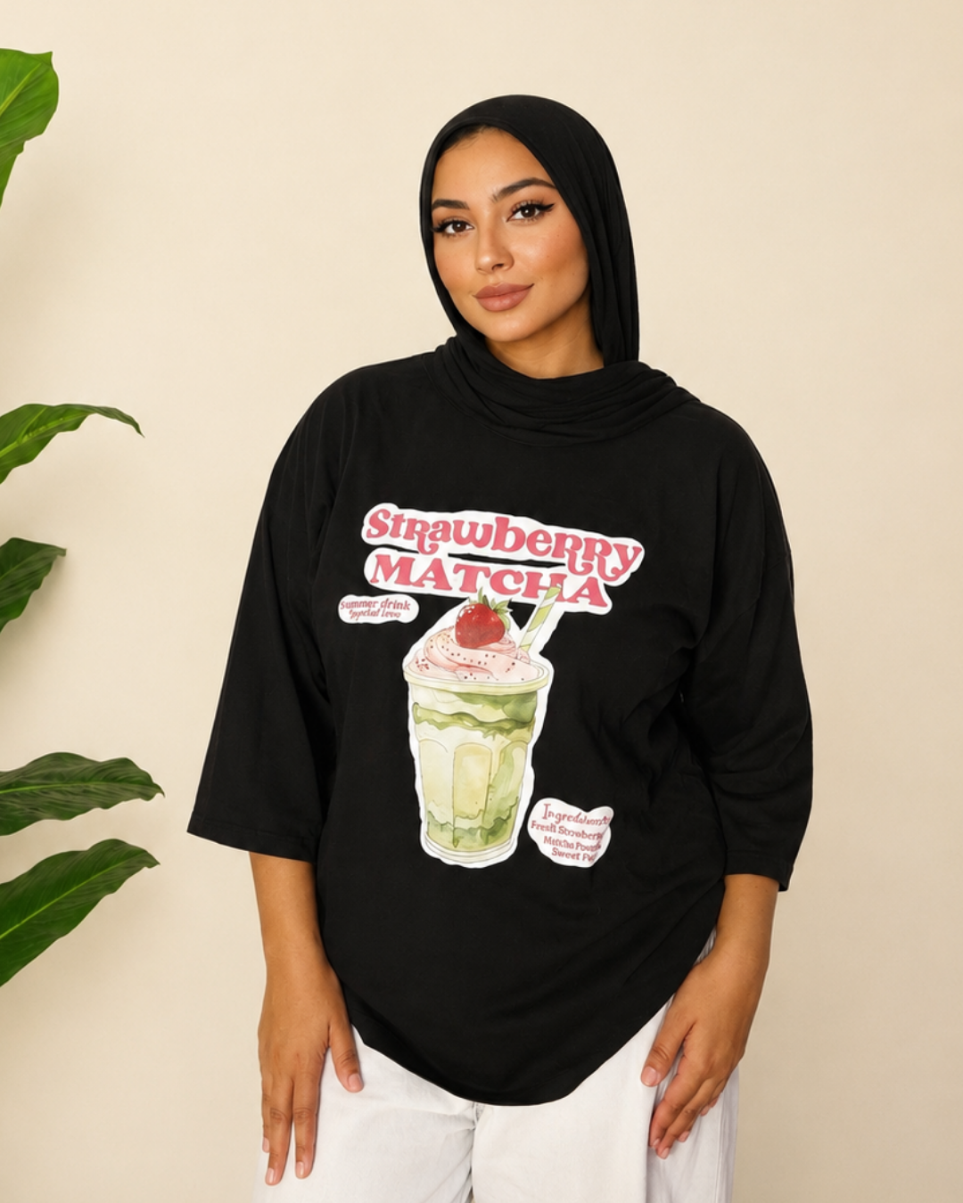 Black T-Shirt - Strawberry Matcha Print