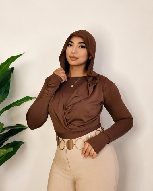 Draped Hooded Top – Brown