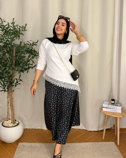 Lace Hem Long Sleeve Top - WHITE