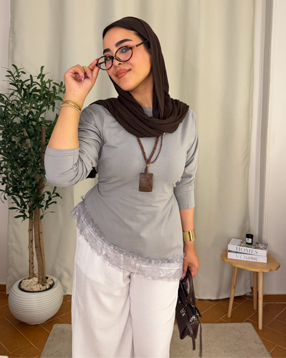 Lace Hem Long Sleeve Top - Gray