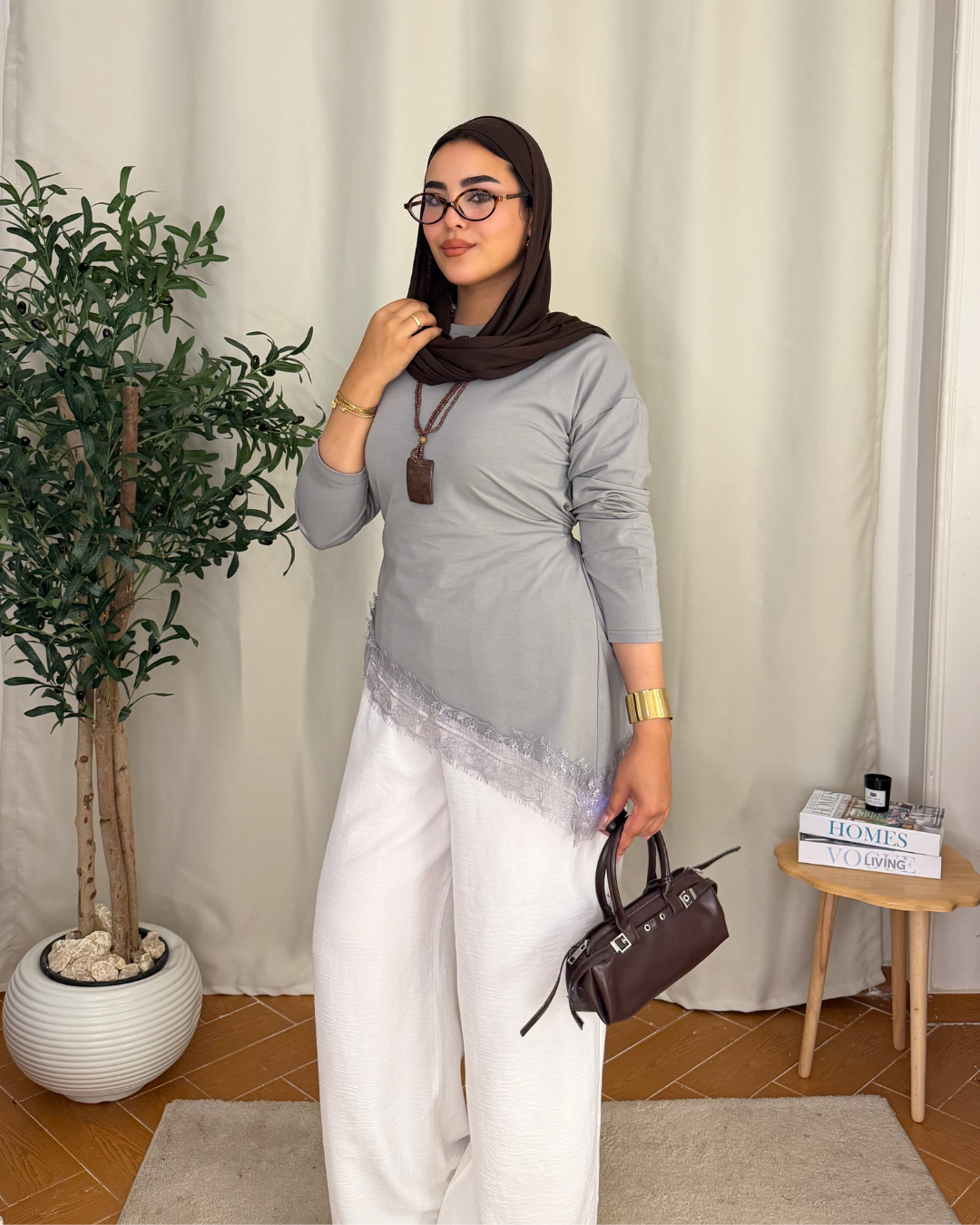 Lace Hem Long Sleeve Top - Gray