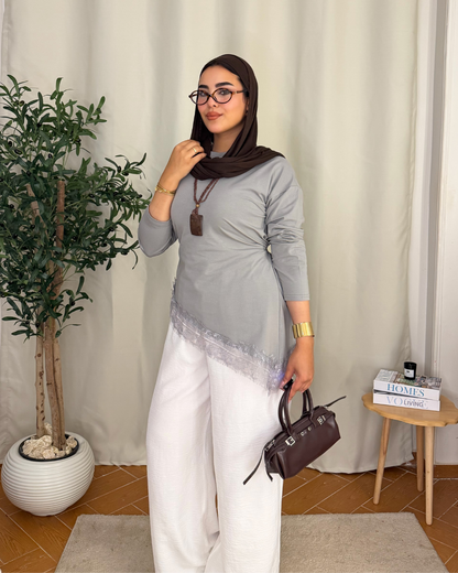 Lace Hem Long Sleeve Top - Gray