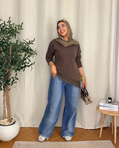Lace Hem Long Sleeve Top - BROWN
