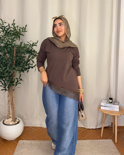 Lace Hem Long Sleeve Top - BROWN