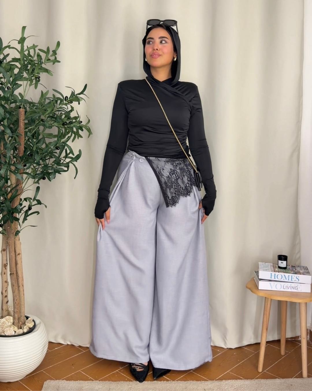 Button Detail Wide Leg Pants - GRAY