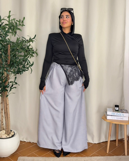 Button Detail Wide Leg Pants - GRAY