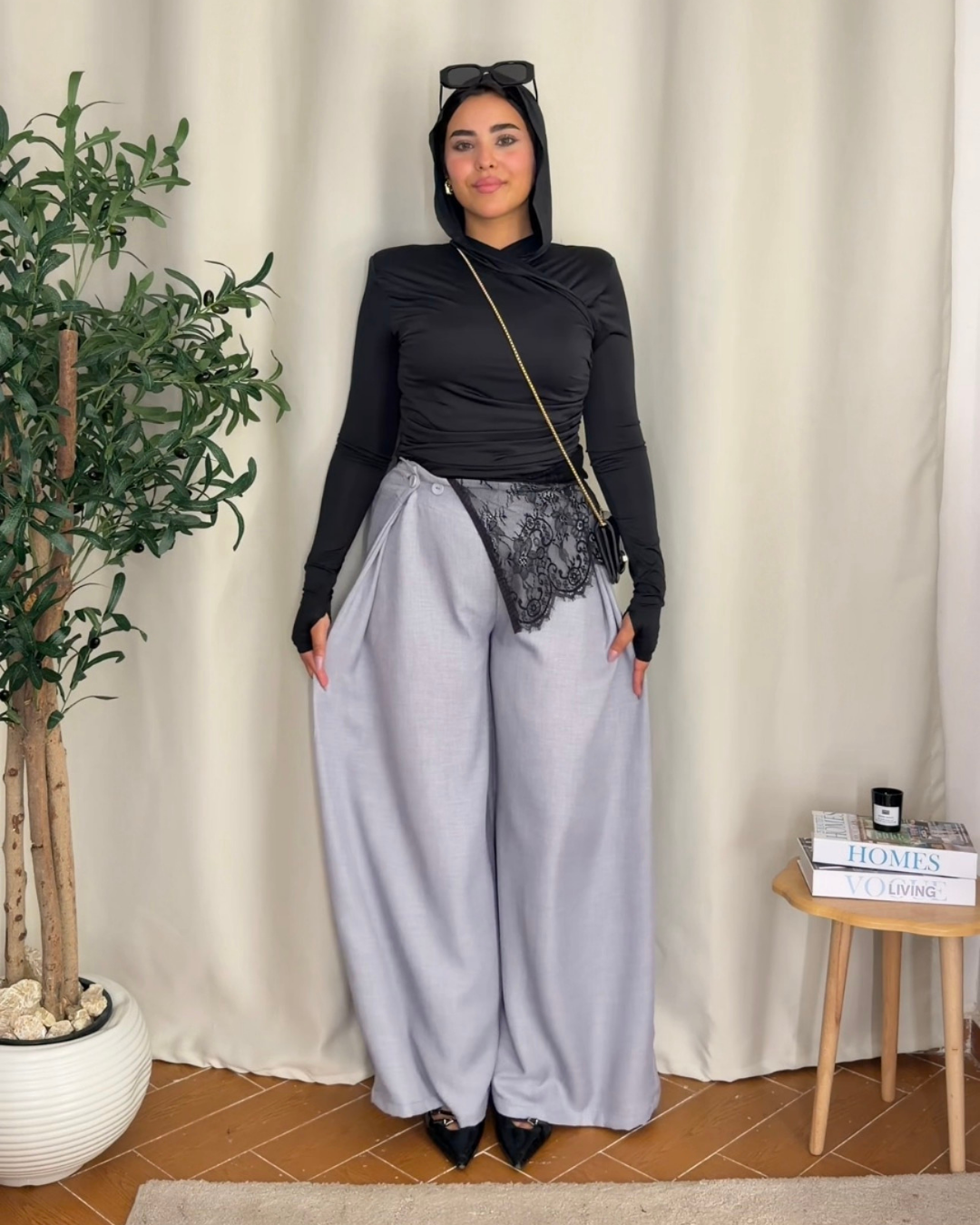 Button Detail Wide Leg Pants - GRAY