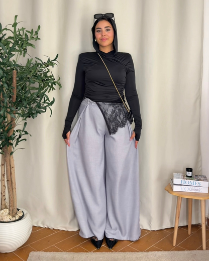 Button Detail Wide Leg Pants - GRAY