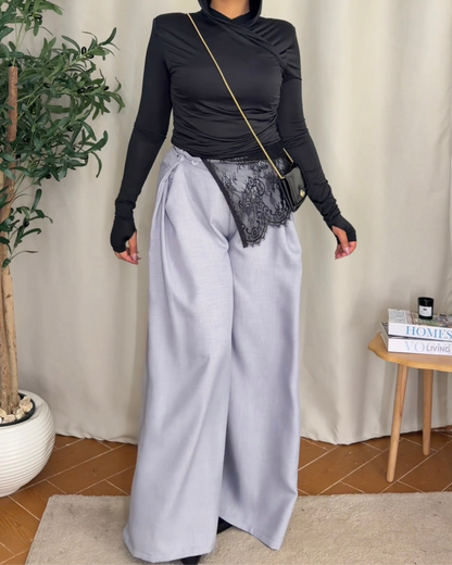 Button Detail Wide Leg Pants - GRAY