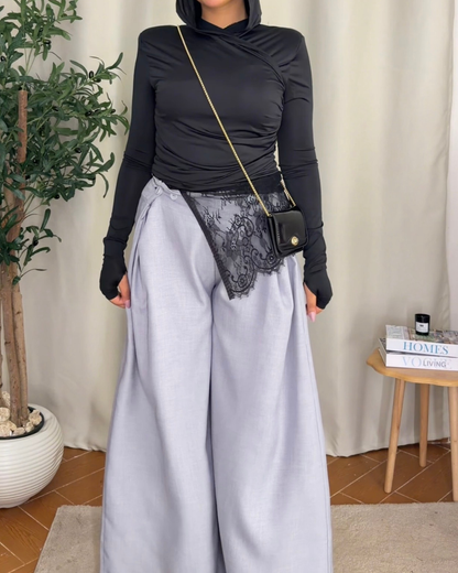 Button Detail Wide Leg Pants - GRAY