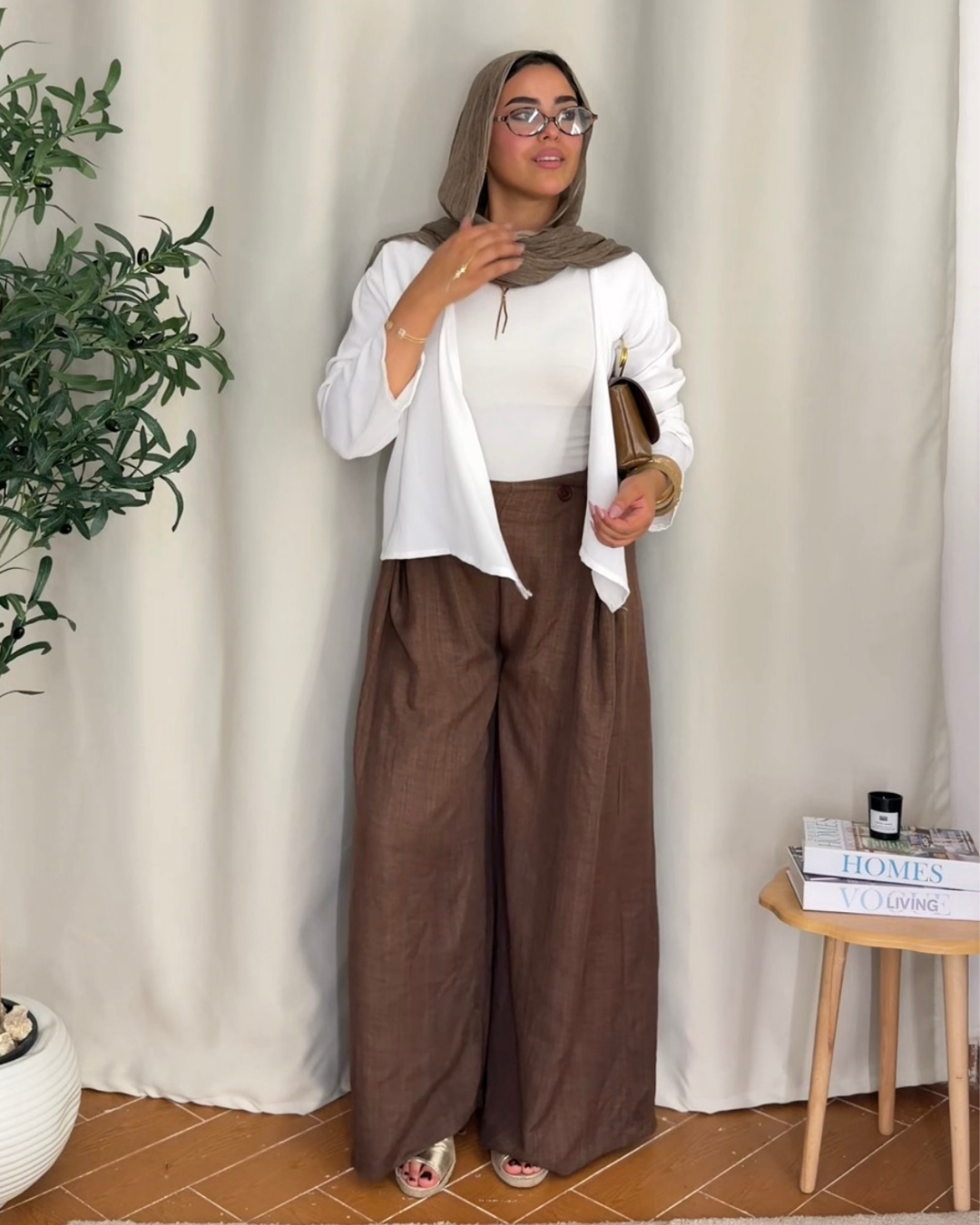 Button Detail Wide Leg Pants - BROWN
