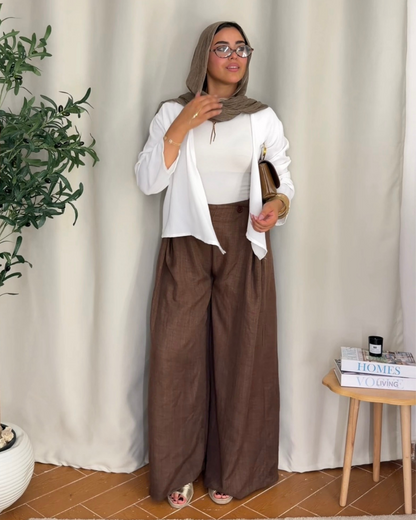 Button Detail Wide Leg Pants - BROWN