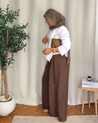 Button Detail Wide Leg Pants - BROWN