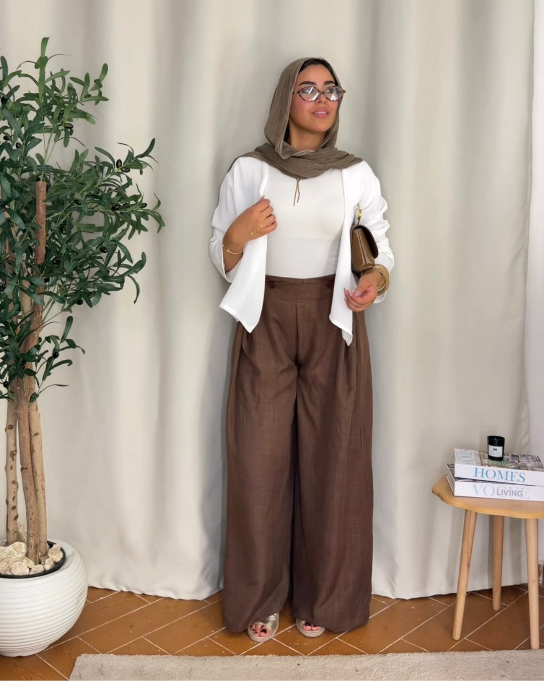 Button Detail Wide Leg Pants - BROWN