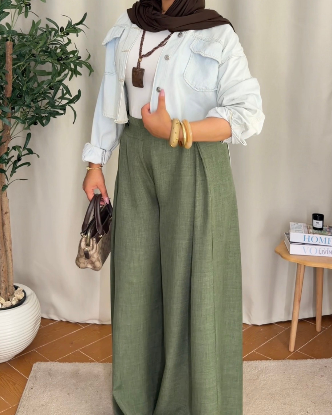 Button Detail Wide Leg Pants - Olive