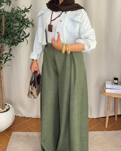 Button Detail Wide Leg Pants - Olive