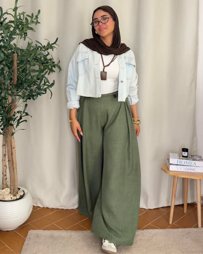 Button Detail Wide Leg Pants - Olive