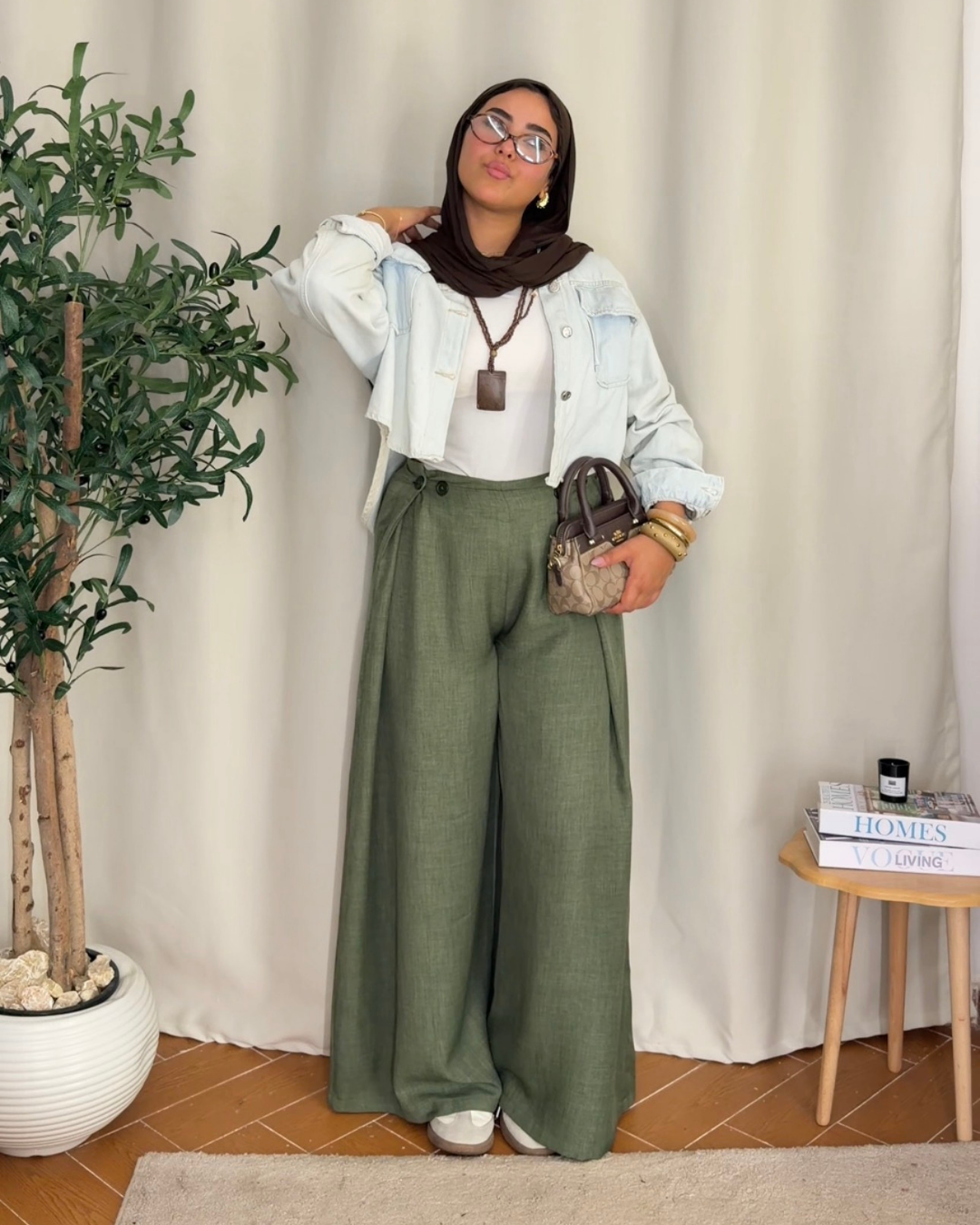 Button Detail Wide Leg Pants - Olive