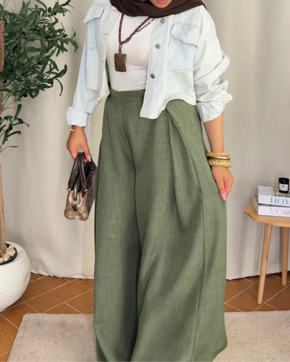 Button Detail Wide Leg Pants - Olive
