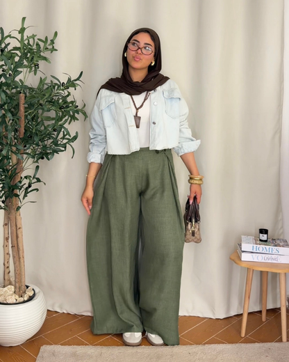 Button Detail Wide Leg Pants - Olive