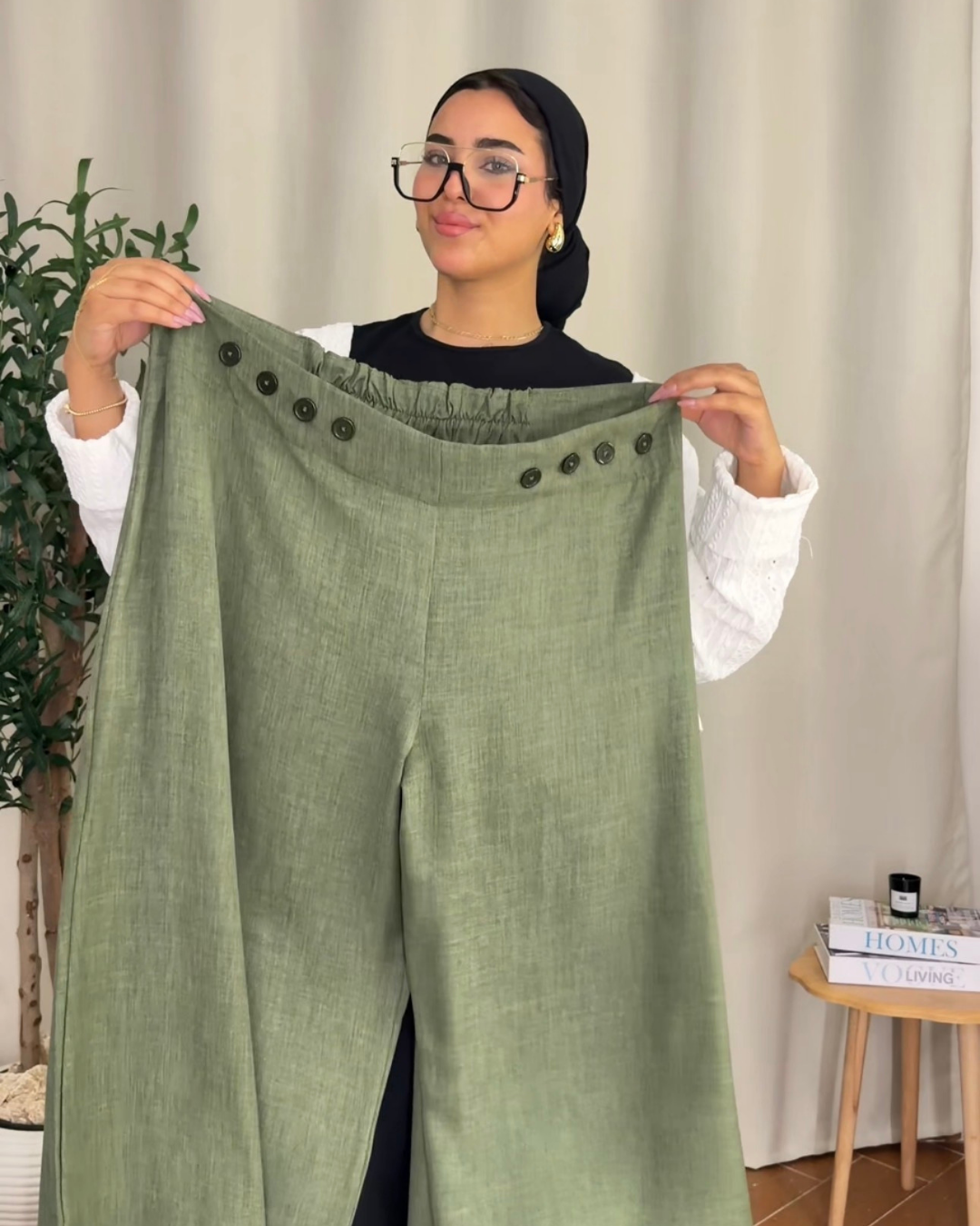 Button Detail Wide Leg Pants - Olive