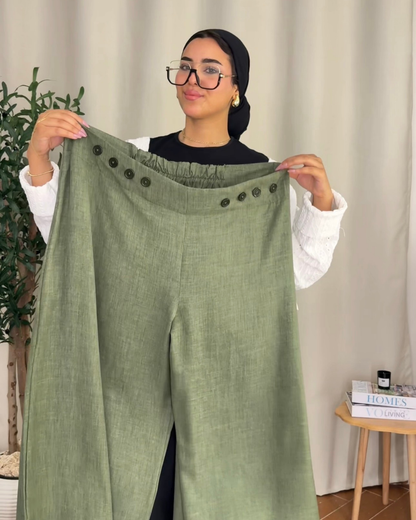 Button Detail Wide Leg Pants - Olive
