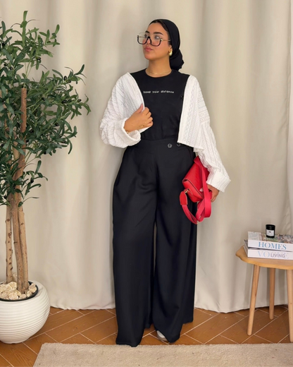 Button Detail Wide Leg Pants - BLACK