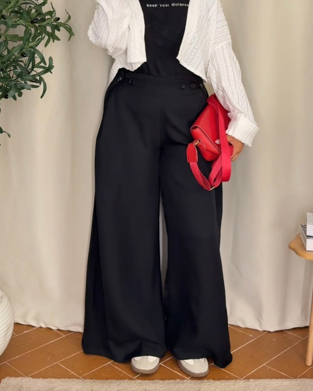 Button Detail Wide Leg Pants - BLACK