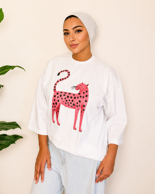 White T-Shirt - Pink Leopard Print