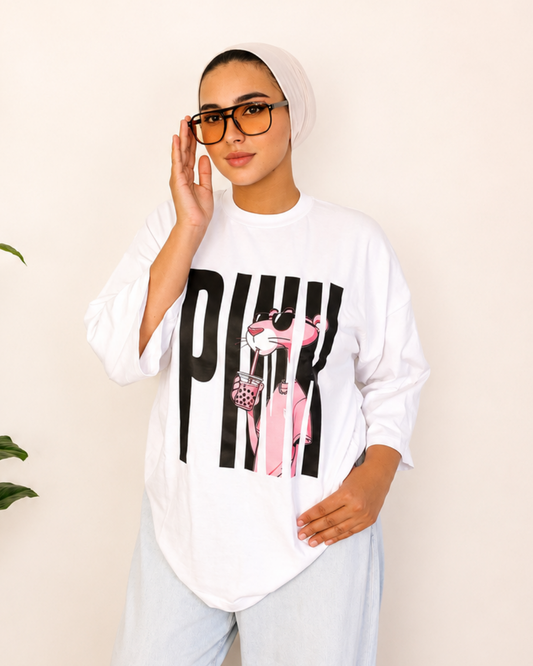 White T-Shirt - Pink Panther Print