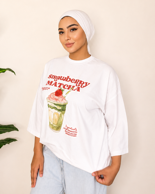 White T-Shirt - Strawberry Matcha Print