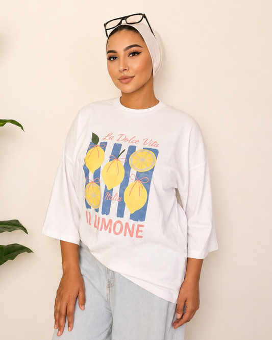 White T-Shirt - La Dolce Vita Lemon Print
