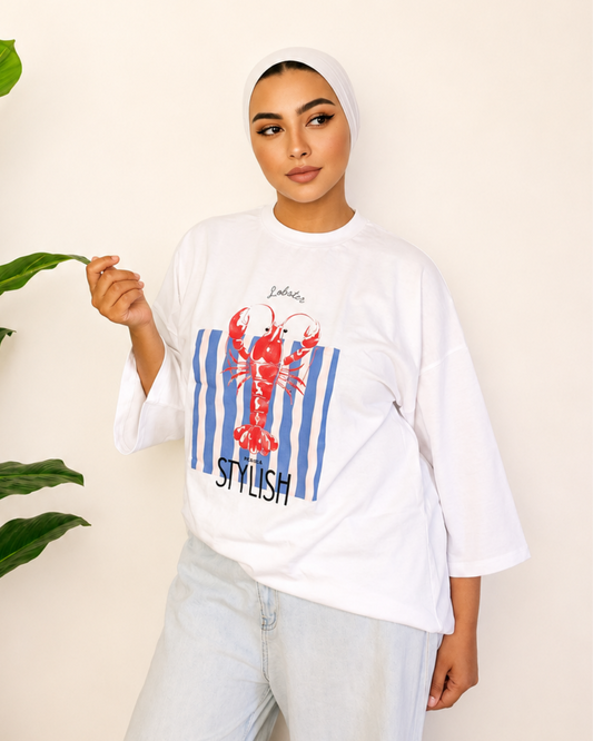 White T-Shirt - Lobster Print