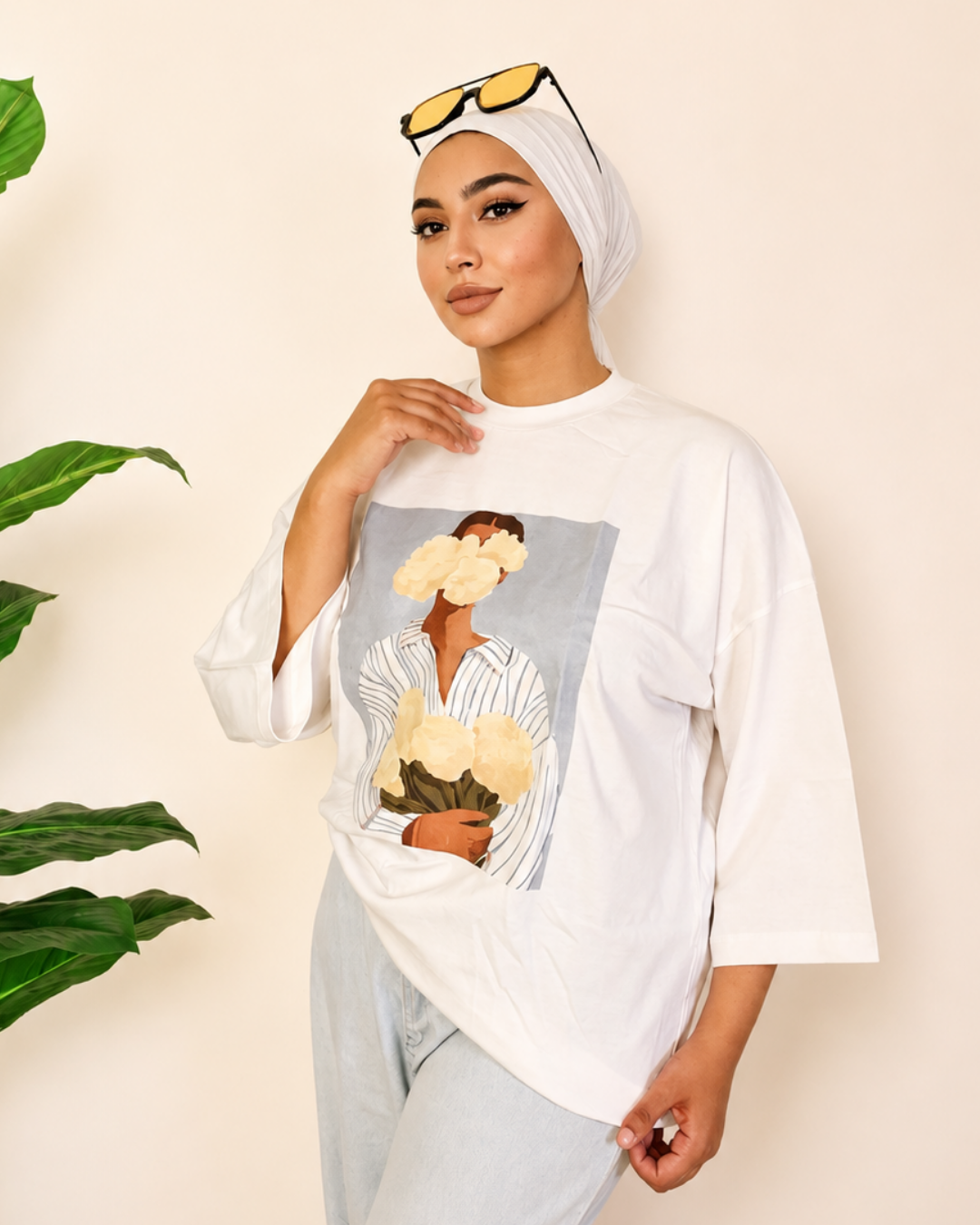 White T-Shirt - Floral Girl Print