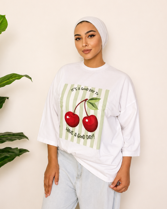 White T-Shirt - Cherry Print