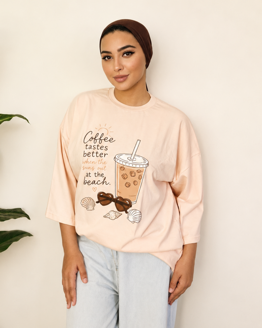 Pink T-Shirt - Beach Coffee Print