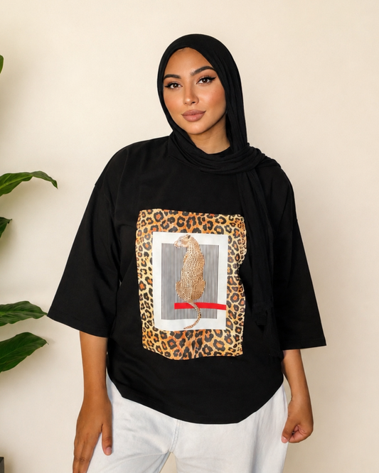 Black T-Shirt - Leopard Print