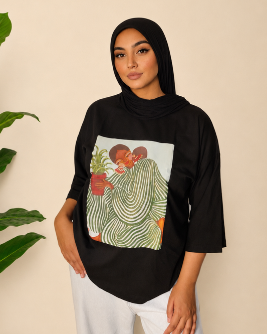 Black T-Shirt - Green Muse Print