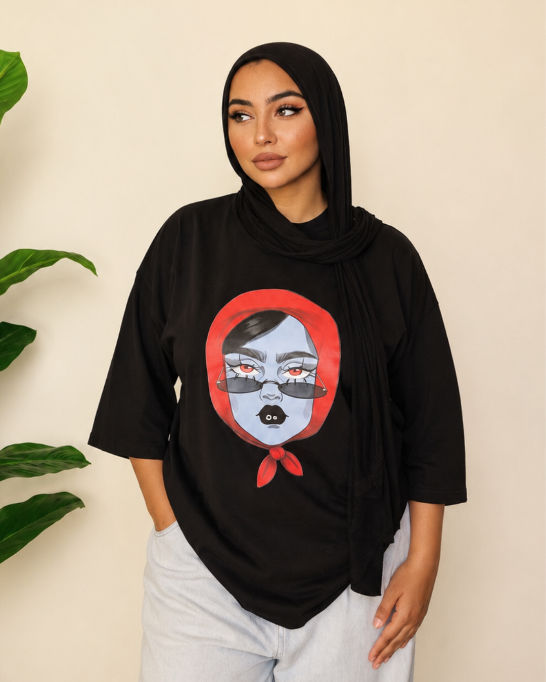 Black T-Shirt - Red Scarf Print