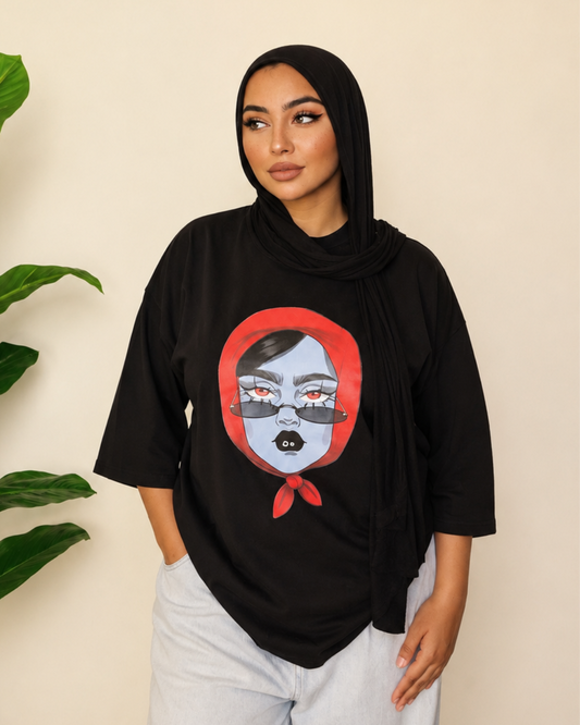 Black T-Shirt - Red Scarf Print