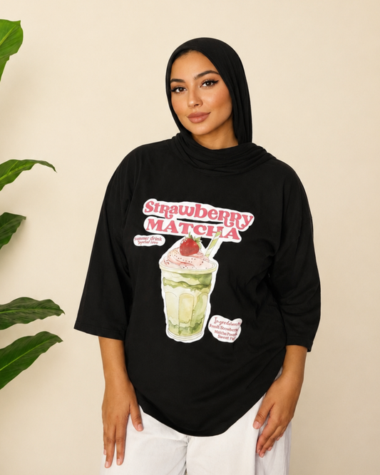 Black T-Shirt - Strawberry Matcha Print
