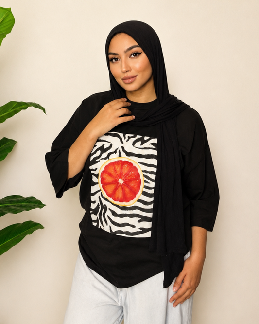 Black T-Shirt - Citrus Zebra Print