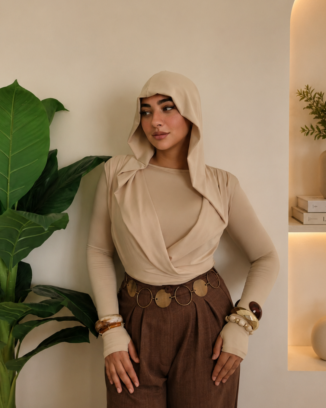 Draped Hooded Top – beige