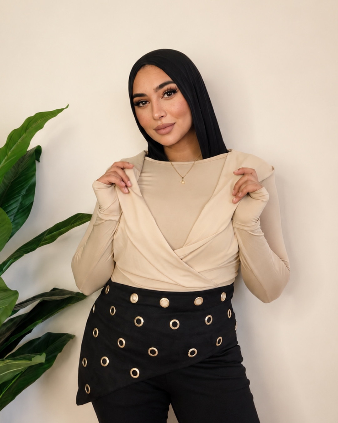 Draped Hooded Top – beige
