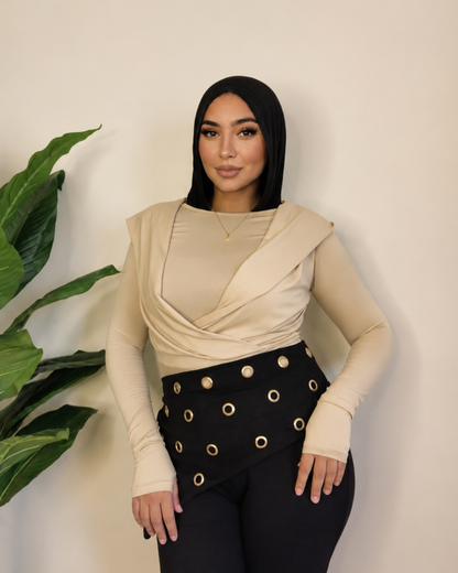 Draped Hooded Top – beige