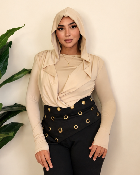 Draped Hooded Top – beige