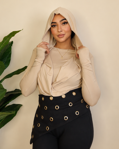 Draped Hooded Top – beige