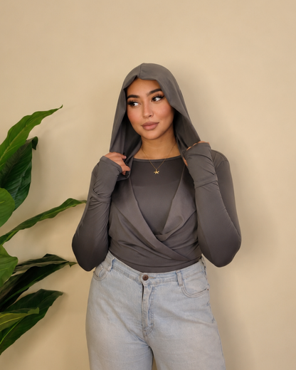 Draped Hooded Top – gray