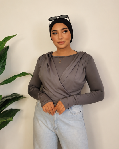 Draped Hooded Top – gray